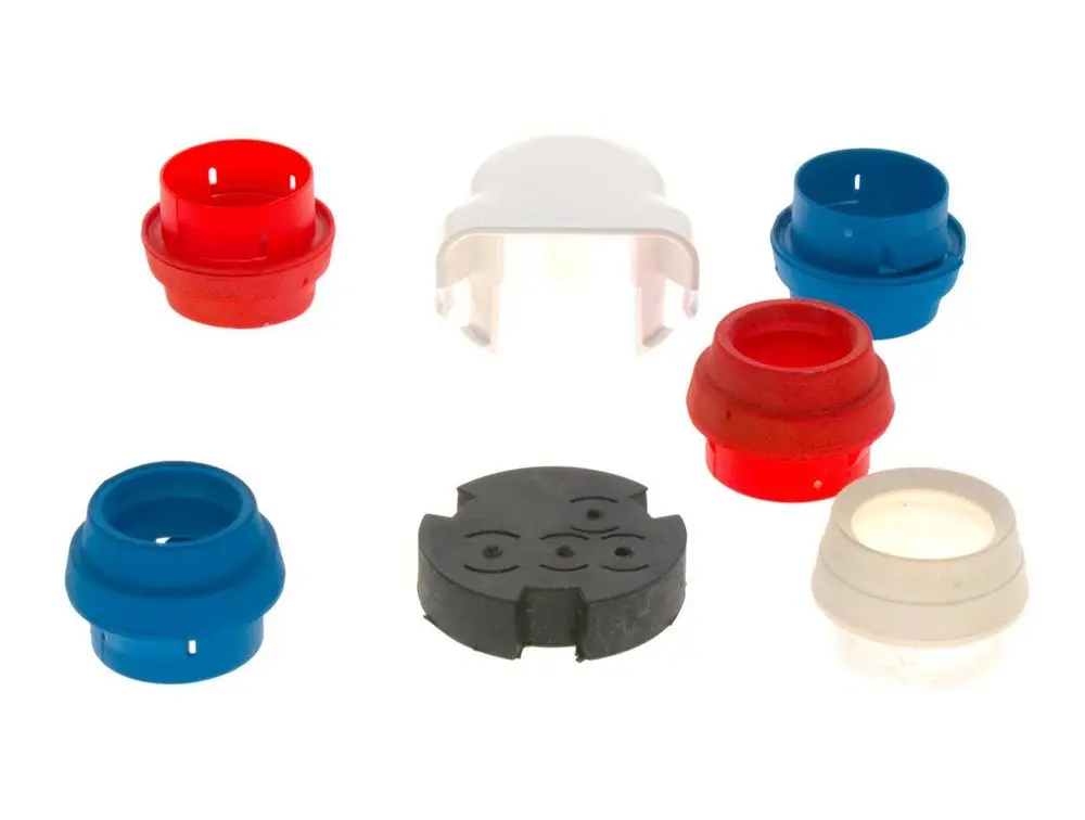 Set mit verschiedenen Rohrdurchführungen in Rot, Blau, Weiß und Schwarz, geeignet für Anwendungen von Bosch, angeordnet auf einem weißen Hintergrund.